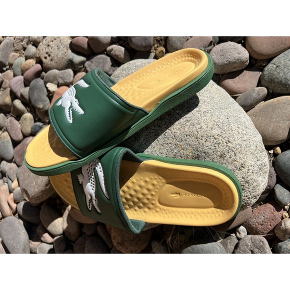 Mens Lacoste Croco Dualiste Slides Green Yellow Slip On Sandals New Sz 10 - Picture 2 of 6